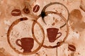 Abstract watercolor brown texture with coffee cup stain and beans for banner design. Hand painting modern art.