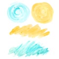 Abstract watercolor brush blue and yellow circle shape elements set paint stain isolated on white background. Spot of Royalty Free Stock Photo