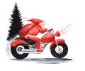 Abstract watercolor Christmas card illustration. Santa Claus in red clothes on a motorcycle with a large bag of gifts against the Royalty Free Stock Photo