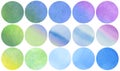 Abstract watercolor circles collection in blue violet green yellow colors. Watercolor stains set isolated on white background. Royalty Free Stock Photo