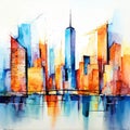 an abstract watercolor cityscape with bold graphic shapes ands
