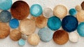 Abstract watercolor composition with overlapping multicolored circles in blue, brown, gold, and gray tones, featuring Royalty Free Stock Photo