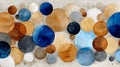 Abstract watercolor composition with overlapping multicolored circles in blue, brown, gold, and gray tones, featuring Royalty Free Stock Photo
