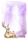 Abstract watercolor composition. A violet background with a forest deer male and birds Robin. Template for design.