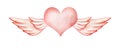 Abstract watercolor decorative element. Gently pink flying heart. A heart with angel wings. Valentine`s day postcard