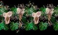 Abstract watercolor draw of baby elephants, tropical green leaves Royalty Free Stock Photo