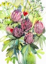 Abstract watercolor drawing of a bouquet of summer wild flowers. Light summer background for wedding decor, publications and print