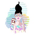 Abstract watercolor drawing of fashion girl in glasses with a cup of coffee