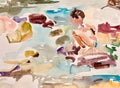 Abstract watercolor etude of little girl on the river