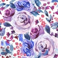 Abstract Watercolor Floral Seamless Pattern, Violet Watercolor Roses,Flowers, Twigs, Leaves, Berries, Bud Royalty Free Stock Photo