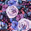 Abstract Watercolor Floral Seamless Pattern, Violet Watercolor Roses,Flowers, Twigs, Leaves, Berries, Bud Royalty Free Stock Photo