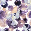 Abstract watercolor golden and purple circles with birds Royalty Free Stock Photo