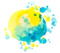Abstract watercolor gradient blue and yellow drops background.