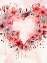 Abstract watercolor heart with flowers on a pink background