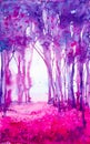 Abstract watercolor illustration of a beautiful pink and purple summer forest landscape