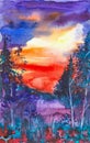 Abstract watercolor illustration of the forest at bright red sunset Royalty Free Stock Photo