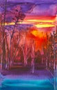 Abstract watercolor illustration of the forest at bright red sunset Royalty Free Stock Photo