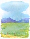 Abstract watercolor illustration grassland and mountains, blue sky with clouds