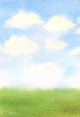 Abstract watercolor illustration with grass and fluffy white clouds with sunlight, hand drawn illustration