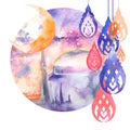 abstract watercolor islamic mosque crescent moon and hanging lanterns