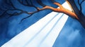 Abstract Watercolor Illustration of Tree Branches with Light Rays and Dark Sky Background Royalty Free Stock Photo