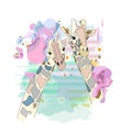 Abstract watercolor illustration of two cool girls giraffe