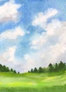 Abstract watercolor illustration vertical landscape with fluffy clouds on sky, green grass and distant trees Royalty Free Stock Photo