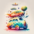 Abstract, watercolor, illustrations, ink painting, bicycles, motorcycles, cars, pickup trucks, trucks, trucks, trains, gold