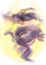 Abstract watercolor image of violet China dragons on yellow background