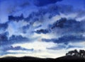 Abstract watercolor landscape. Amazing evening blue sky with tremendous cumulus clouds flying above blurry hilly land with dark