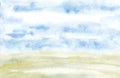 Abstract watercolor landscape background with clouds, roud, field