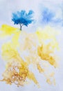 Abstract watercolor landscape, with blue color tree and yellow slope of a hill. Hand painted with watercolor paints and brush Royalty Free Stock Photo