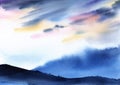 Abstract watercolor landscape. Blurry silhouette of bare hills with rare areas of vegetation against dusk sky with majestic gray