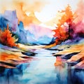 an abstract watercolor landscape with bold graphic shapes an s