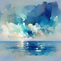 watercolor landscape of clouds and sea waves as a seamless pattern background made with generative AI Royalty Free Stock Photo