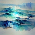 Abstract watercolor landscape of clouds and sea waves as seamless pattern background made with generative AI Royalty Free Stock Photo