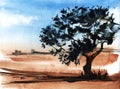 Abstract watercolor landscape of deserted land with single branchy wide oak. Contrast of rough brown land with blurry silhouette