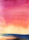 Abstract watercolor landscape. Evening sky at sunset. Rich gradient from dark purple to pink to orange to yellow. Dark blue sea Royalty Free Stock Photo