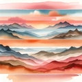 Abstract watercolor landscape with layered mountain silhouettes and sunset hues, resembling a serene, colorful sunrise