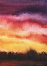 Abstract watercolor landscape. Liquid ink on texture paper. rainbow gradient from yellow to red to purple. Sunset sky clouds. Dark Royalty Free Stock Photo