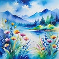 Abstract watercolor landscape painting imagination colorful of beauty flowers blue background Royalty Free Stock Photo