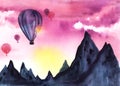 Abstract watercolor landscape. Sunrise in Cappadocia. Balloons pink sky background. Dark silhouettes purple black mountains.