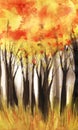 Abstract watercolor landscape. Tall dark tree trunks with a lush autumn crown. Yellow, red orange. Fall season. Colorful pattern. Royalty Free Stock Photo