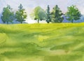 Abstract watercolor landscape trees and green grass, morning sunlight, natural background illustration