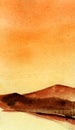 Abstract watercolor landscape of warm shades in retro style. Blurry silhouettes of mountains beneath gradient orange sky