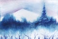 Abstract watercolor landscape. White snowy mountains on light sky. The shape of spruce forest. A tall beautiful Christmas tree.