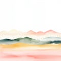 Abstract watercolor mountains in pastel hues of green and pink, adorned with golden dots, present a gentle and dreamy