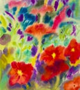 Abstract watercolor original painting red color of petunia flowers