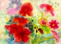 Abstract watercolor original painting red color of petunia flowers