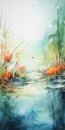 Abstract Watercolor Painting Of Autumn Landscape On River